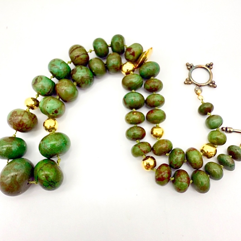 VTG Chunky African Green Opal/Turquoise Necklace 21" Rondelle Bali Toggle 117g